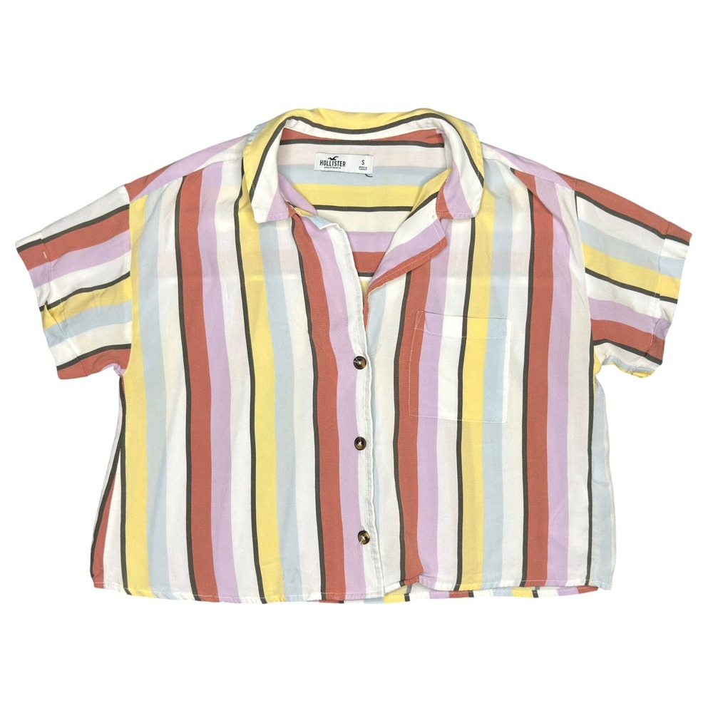 Hollister Button Up Shirt Size S Multi Color Striped Short Sleeve Boxy Top